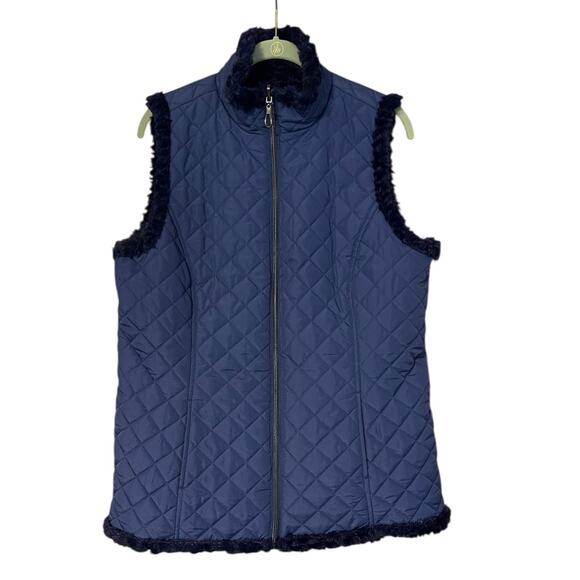 Denim & Co Small Navy Blue Reversible Zip Front Textured Faux Fur Quilted Vest - Picture 1 of 9